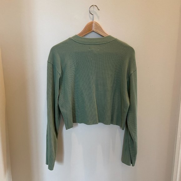 BP Nordstrom Long Sleeve Quarter Button Cropped Waffle Knit Top - Green - Medium - Picture 3 of 3